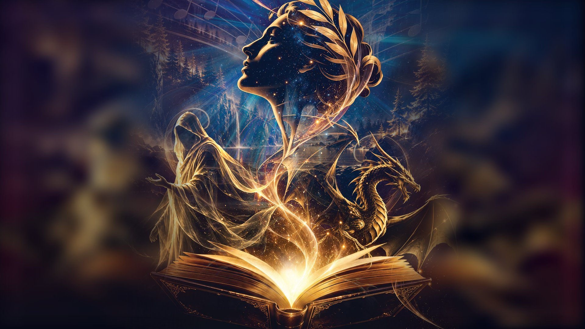 A glowing open book with a golden dragon, a hooded storyteller and a woman in profile crowned with laurel against a starry night
