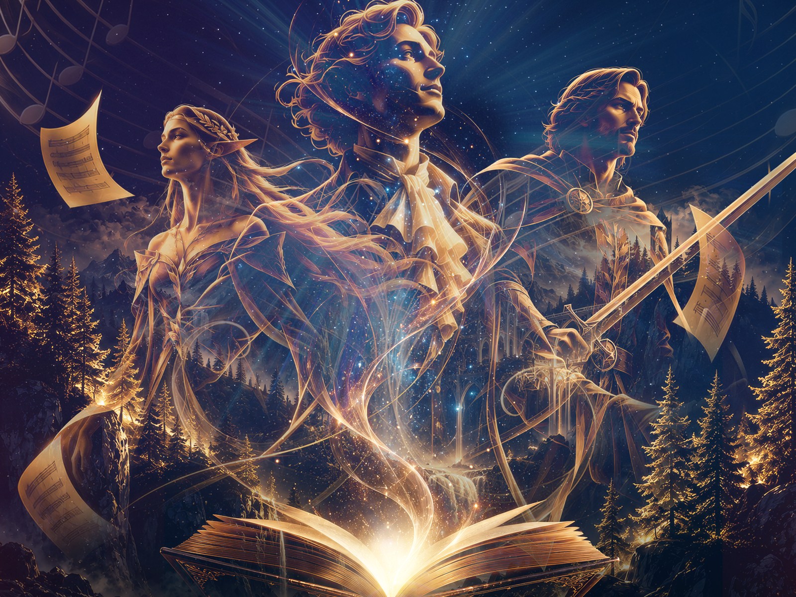 Three storybook figures made of starlight and golden light above an open glowing book, with forest, mountains and floating sheet music
